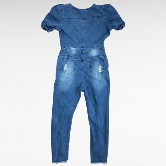Puff Sleeve Sweetheart Neck Distressed Denim Raw Ankle Jean Overall Jumpsuit - Picture 3 of 10